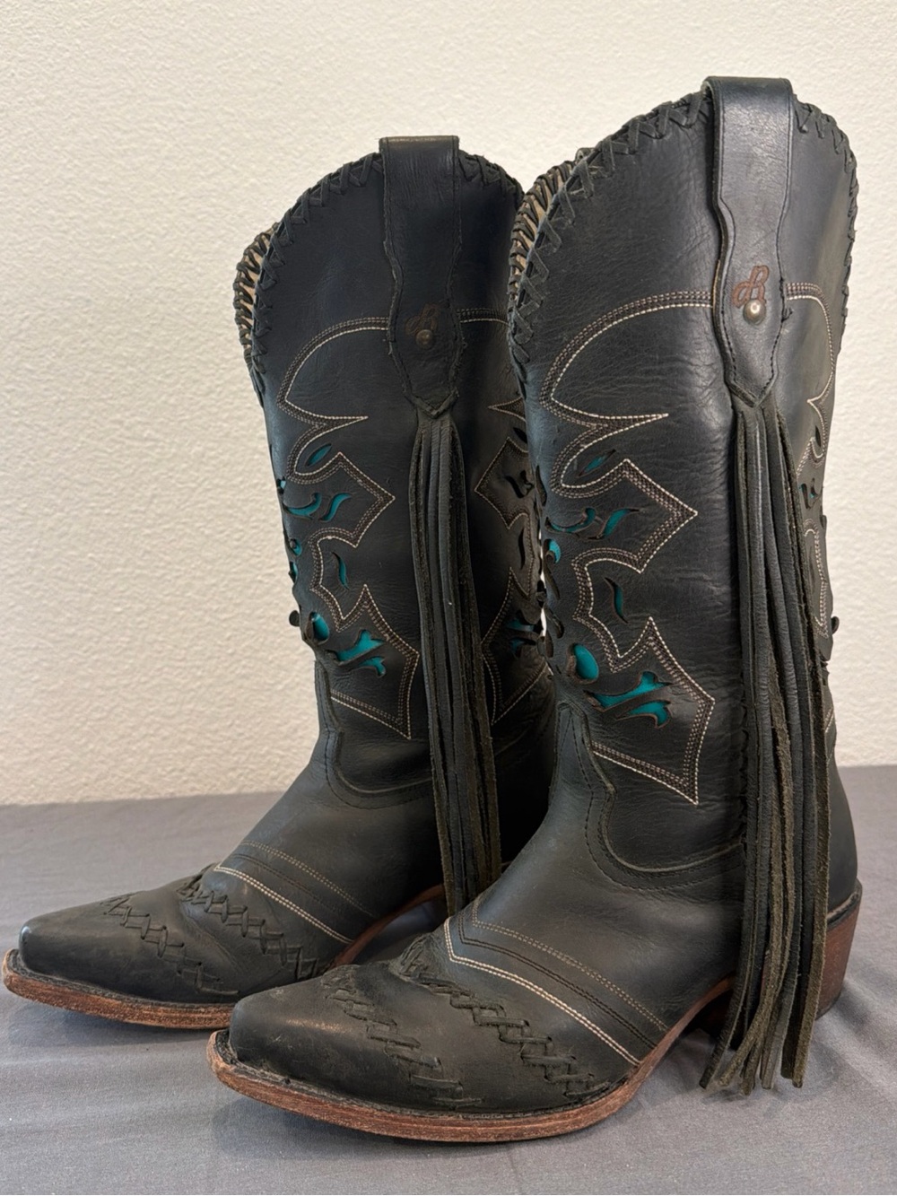 Women's Black Leather Fringe Western Boots with Teal Accent